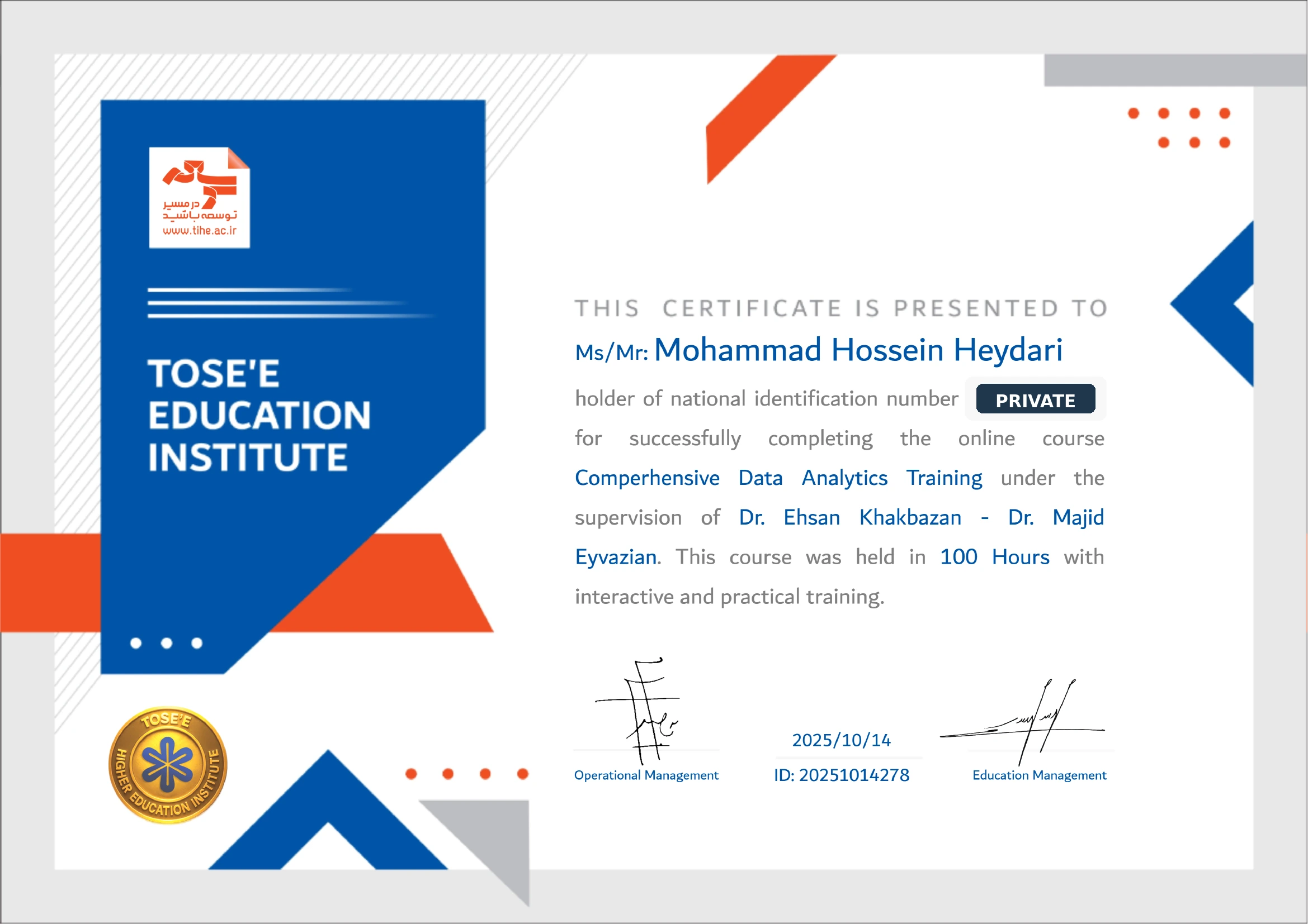 Redacted preview of the Comprehensive Data Analytics Training certificate